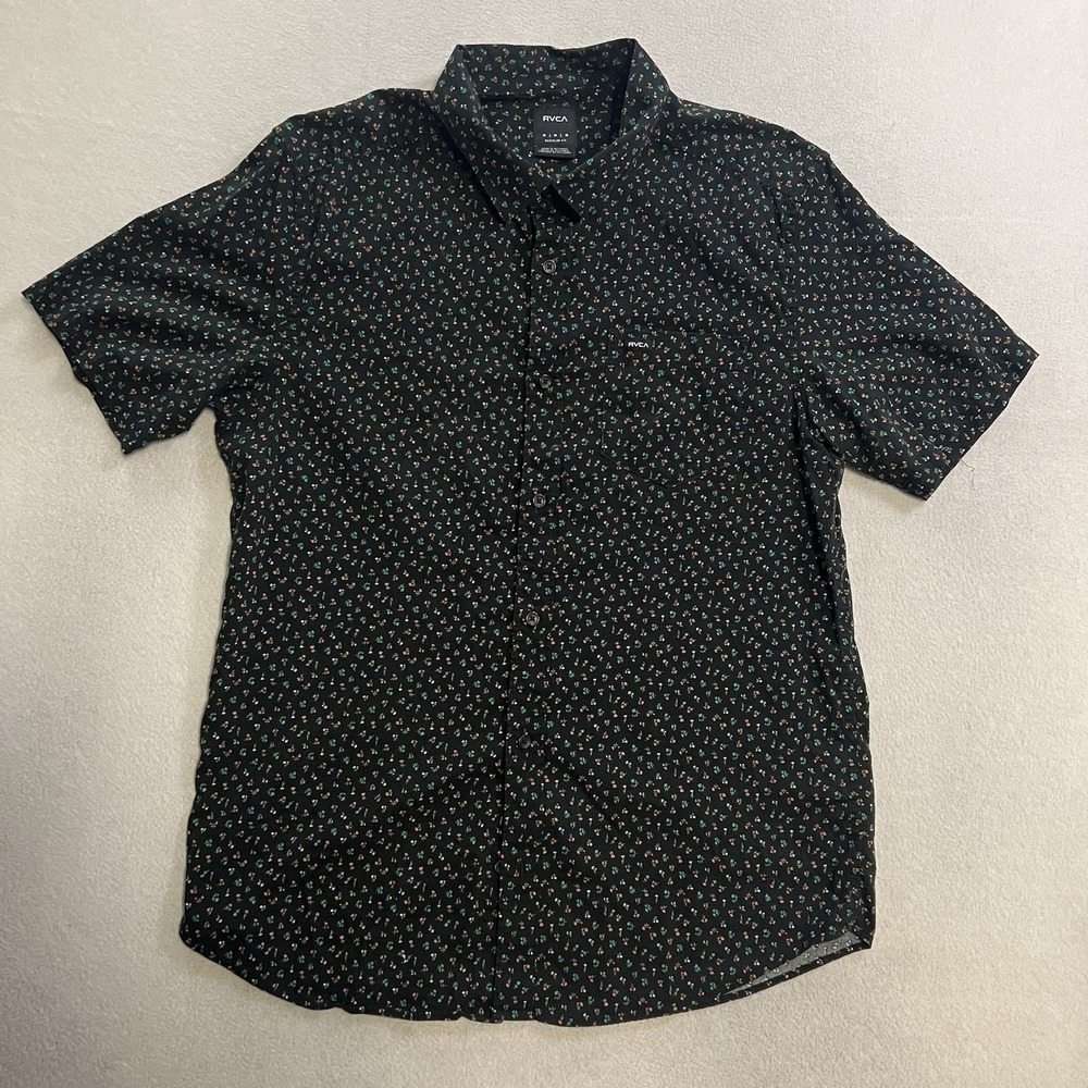 RVCA Shirt Men's Size Medium Black Floral Short Sleeve Button Up Regular Fit